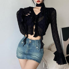 Textured solid long sleeve halter v neck ruffle flared sleeve crop top