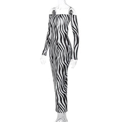 Zebra print off shoulder long sleeve contrast maxi dress