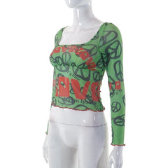 Long sleeve sheer mesh see through ruffle contrast print crop top