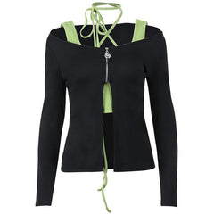 Slit cross back long sleeve zip-up self tie 2 piece top