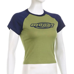 Patchwork contrast short sleeve crewneck "moody" pattern crop top