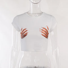 Cap sleeve round neck palm pattern crop top