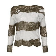Crochet striped hollow out long sleeve top