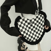 Heart fluffy contrast plaid shoulder handbag