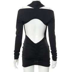 Deep v neck long sleeve open back solid ruched mini dress