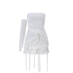 Solid irregular gloves off shoulder drawstring hollow out mini dress