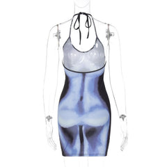 Sleeveless thermal body print halter self tie backless mini dress