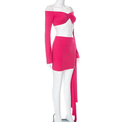 Off shoulder long sleeve ruched hollow out ribbon mini skirt set