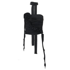 Flower applique solid halter ruched tube crop top