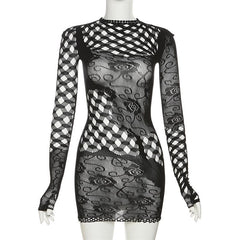 Fishnet long sleeve hollow out see through irregular mini dress