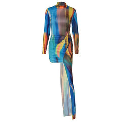 Long sleeve contrast irregular high neck ruched mini dress