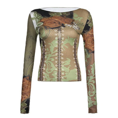 Flower print long sleeve contrast round neck top