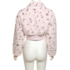 Fluffy contrast zip-up long sleeve turnover collar coat top