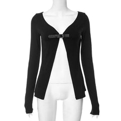 Long sleeve v neck buckle low cut solid crop top