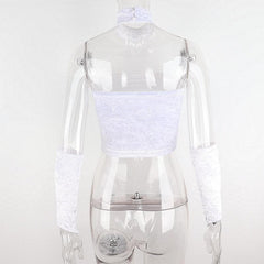 Fluffy gloves solid beaded backless tube crop top