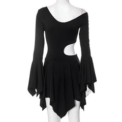 Long flared sleeve irregular solid ruffle o ring hollow out mini dress