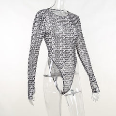 Long sleeve round neck contrast print sheer mesh gloves bodysuit