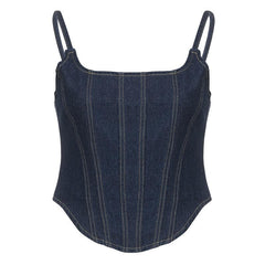 Stitch square neck backless zip-up denim cami top - Final Sale