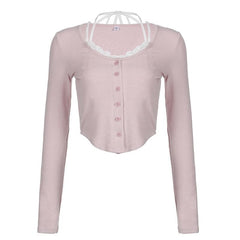 Long sleeve halter contrast lace hem self tie button crop top