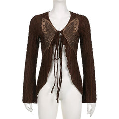 Textured butterfly pattern self tie long sleeve v neck crop top