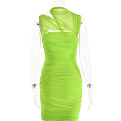 Sleeveless irregular hollow out mesh knotted ruched mini dress