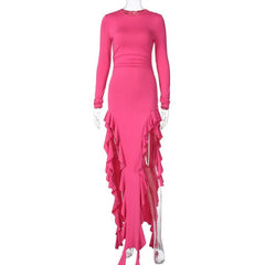 Long sleeve crewneck ruffle slit solid ruched maxi dress