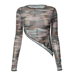 Stitch camouflage long sleeve crewneck sheer mesh see through crop top