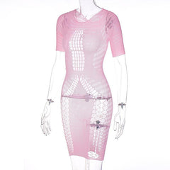 Fishnet hollow out lace up short sleeve solid mini dress