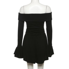 Flower applique off shoulder long flared sleeve slit mini dress