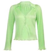 Turnover collar ribbed solid long sleeve ruffled button top - Final Sale