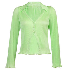 Turnover collar ribbed solid long sleeve ruffled button top - Final Sale