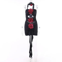 Flower applique hollow out ruched contrast tube mini dress