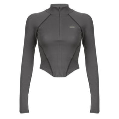 Zip-up long sleeve stitch solid high neck top