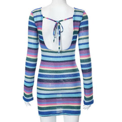 Long sleeve crewneck knitted backless striped self tie mini dress