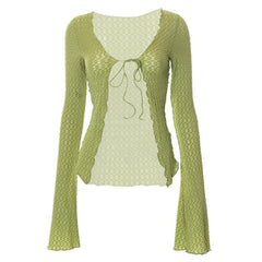 Textured solid slit flared sleeve ruffle self tie crop top