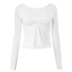 Square neck ruched long sleeve slit solid top