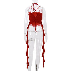 Halter ruched flower applique ruffle solid cross back crop top