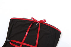 Lace up contrast lace hem bowknot backless tube mini dress