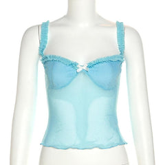 Sweetheart neck mesh bowknot backless ruffle lace hem cami top