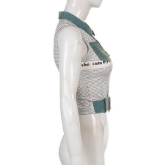 Letter print patchwork turnover collar buckle crop top