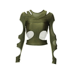 Long sleeve solid hollow out irregular crop top