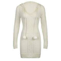 Crochet solid long sleeve hoodie v neck hairball mini dress - Final Sale
