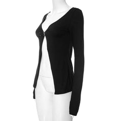 Long sleeve v neck buckle low cut solid crop top