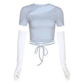 Hollow out asymmetrical embroidered short sleeve gloves crop top