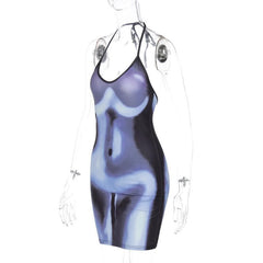 Sleeveless thermal body print halter self tie backless mini dress