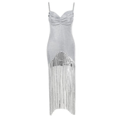 Solid ruched textured glitter tassels backless mini dress