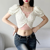 Textured metal chain puff short sleeve contrast 2 piece crop top