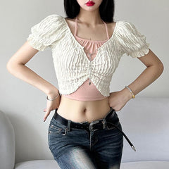 Textured metal chain puff short sleeve contrast 2 piece crop top