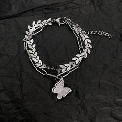 Butterfly pendant layered leaf bracelet