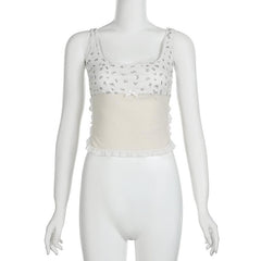 Flower print lace hem contrast sleeveless square neck top